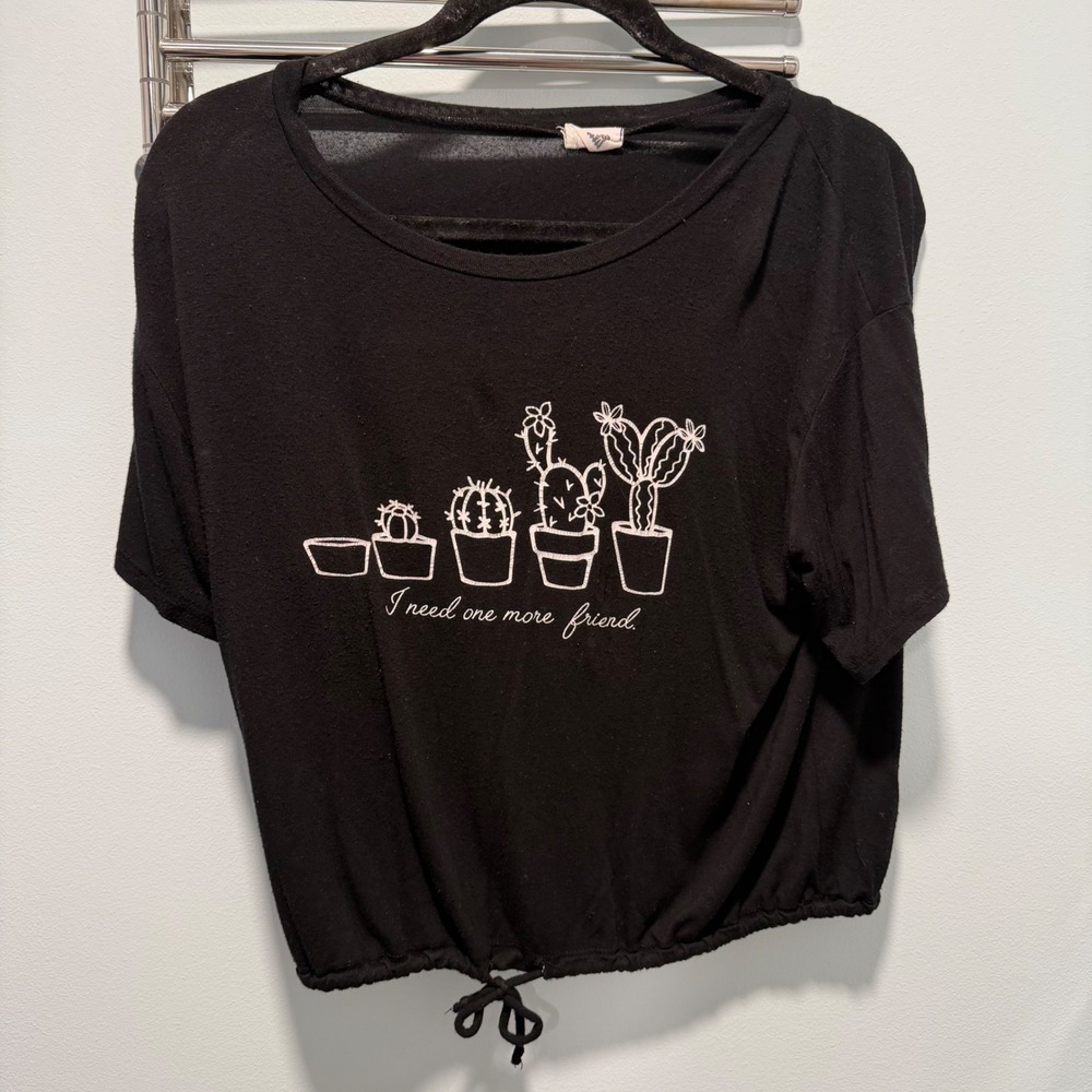 Funky Pink Cactus Graphic Crop Top Black Small Plant Mom Boho Casual Tee